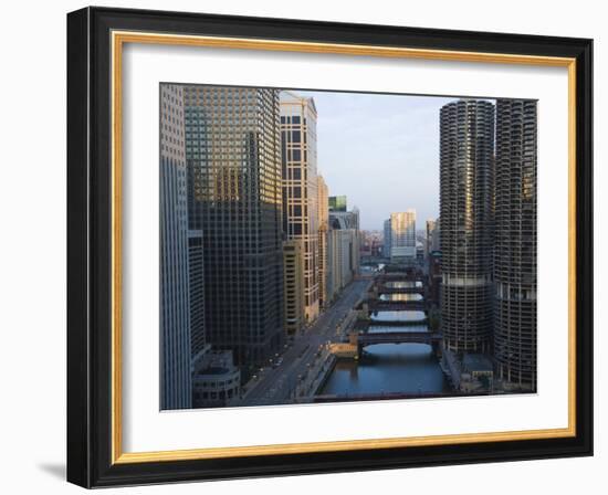 Skyscrapers Along the Chicago River and West Wacker Drive at Dawn, Chicago, Illinois, USA-Amanda Hall-Framed Photographic Print