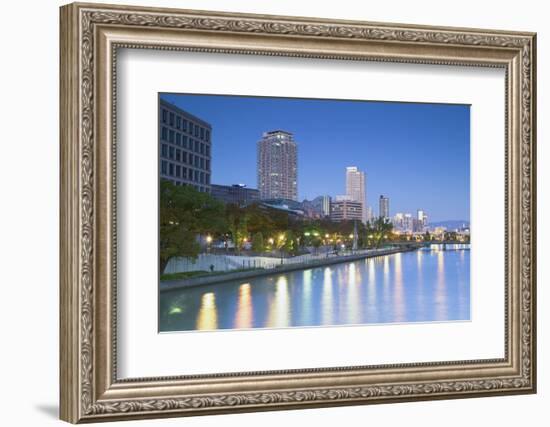 Skyscrapers and Park on Nakanoshima Island at Dusk, Kita, Osaka, Kansai, Japan-Ian Trower-Framed Photographic Print