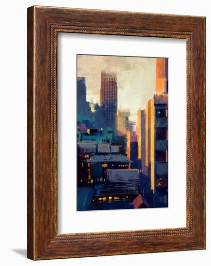 skyscrapers at sunset-null-Framed Art Print