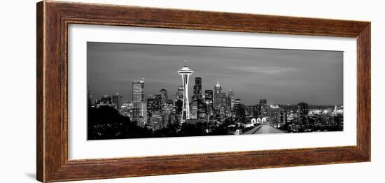 Skyscrapers in a City Lit Up at Night, Space Needle, Seattle, King County, Washington State, USA-null-Framed Photographic Print