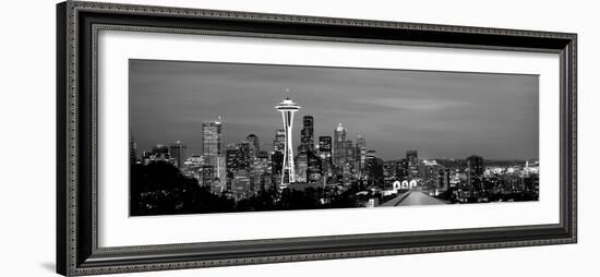 Skyscrapers in a City Lit Up at Night, Space Needle, Seattle, King County, Washington State, USA-null-Framed Photographic Print