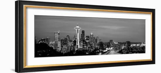 Skyscrapers in a City Lit Up at Night, Space Needle, Seattle, King County, Washington State, USA-null-Framed Photographic Print