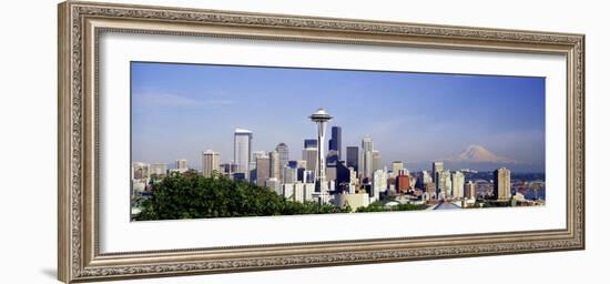 Skyscrapers in a City with a Mountain in the Background, Mt Rainier, Mt Rainier National Park-null-Framed Photographic Print