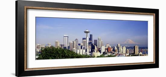 Skyscrapers in a City with a Mountain in the Background, Mt Rainier, Mt Rainier National Park-null-Framed Photographic Print