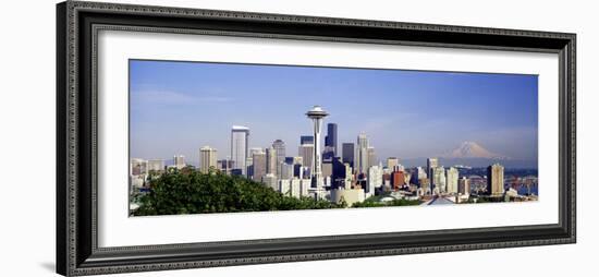 Skyscrapers in a City with a Mountain in the Background, Mt Rainier, Mt Rainier National Park-null-Framed Photographic Print