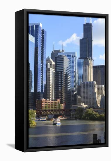 Skyscrapers Including Willis Tower in Downtown Chicago by Chicago River, Chicago, Illinois, USA-Amanda Hall-Framed Premier Image Canvas