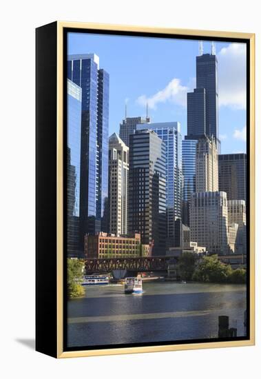 Skyscrapers Including Willis Tower in Downtown Chicago by Chicago River, Chicago, Illinois, USA-Amanda Hall-Framed Premier Image Canvas