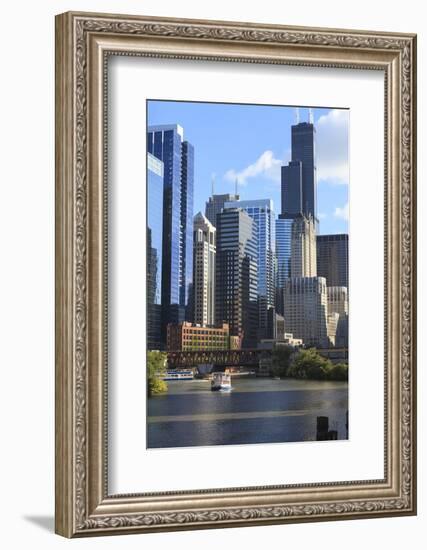 Skyscrapers Including Willis Tower in Downtown Chicago by Chicago River, Chicago, Illinois, USA-Amanda Hall-Framed Photographic Print