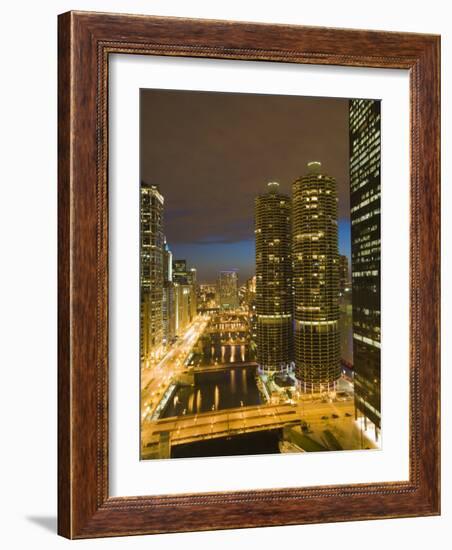 Skyscrapers Lining the Chicago River and West Wacker Drive at Dusk, Chicago, Illinois, USA-Amanda Hall-Framed Photographic Print