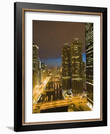 Skyscrapers Lining the Chicago River and West Wacker Drive at Dusk, Chicago, Illinois, USA-Amanda Hall-Framed Photographic Print