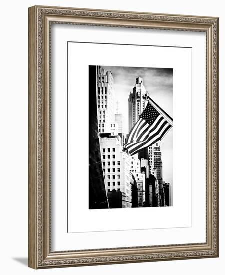 Skyscrapers View, American Flag, Midtown Manhattan, NYC, White Frame, Old-Philippe Hugonnard-Framed Art Print