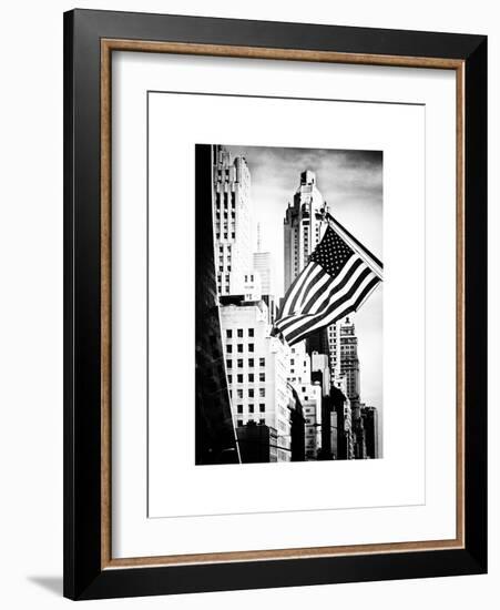 Skyscrapers View, American Flag, Midtown Manhattan, NYC, White Frame, Old-Philippe Hugonnard-Framed Art Print