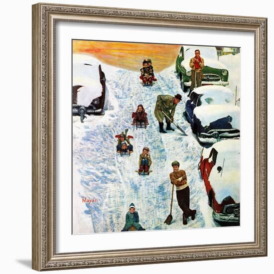 "Sledding and Digging Out," January 28, 1961-Earl Mayan-Framed Giclee Print