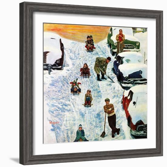 "Sledding and Digging Out," January 28, 1961-Earl Mayan-Framed Giclee Print