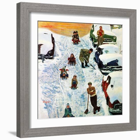 "Sledding and Digging Out," January 28, 1961-Earl Mayan-Framed Giclee Print