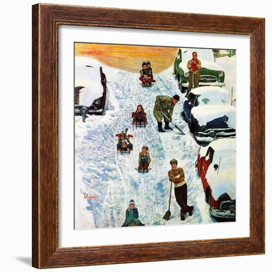 "Sledding and Digging Out," January 28, 1961-Earl Mayan-Framed Giclee Print