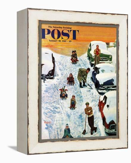 "Sledding and Digging Out," Saturday Evening Post Cover, January 28, 1961-Earl Mayan-Framed Premier Image Canvas