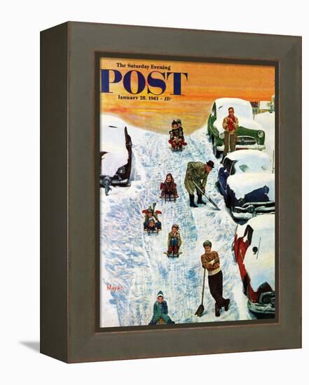 "Sledding and Digging Out," Saturday Evening Post Cover, January 28, 1961-Earl Mayan-Framed Premier Image Canvas