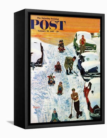 "Sledding and Digging Out," Saturday Evening Post Cover, January 28, 1961-Earl Mayan-Framed Premier Image Canvas