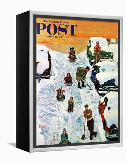 "Sledding and Digging Out," Saturday Evening Post Cover, January 28, 1961-Earl Mayan-Framed Premier Image Canvas