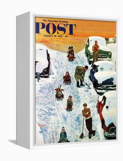 "Sledding and Digging Out," Saturday Evening Post Cover, January 28, 1961-Earl Mayan-Framed Premier Image Canvas