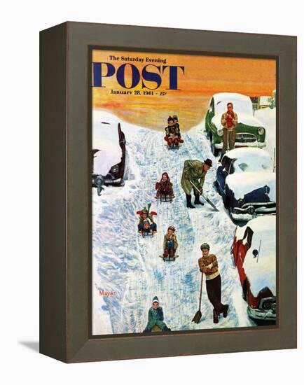 "Sledding and Digging Out," Saturday Evening Post Cover, January 28, 1961-Earl Mayan-Framed Premier Image Canvas