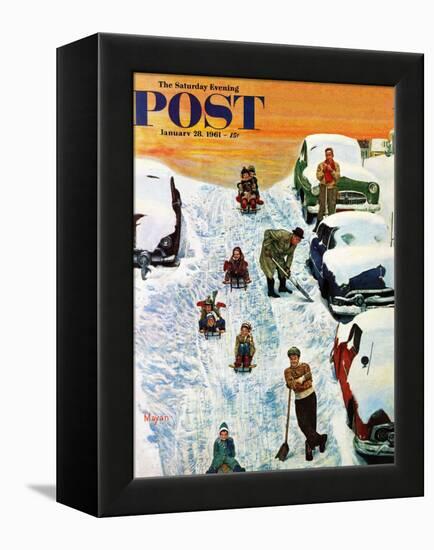 "Sledding and Digging Out," Saturday Evening Post Cover, January 28, 1961-Earl Mayan-Framed Premier Image Canvas