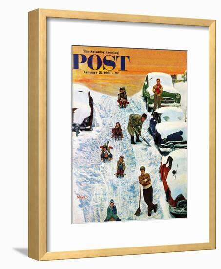 "Sledding and Digging Out," Saturday Evening Post Cover, January 28, 1961-Earl Mayan-Framed Giclee Print