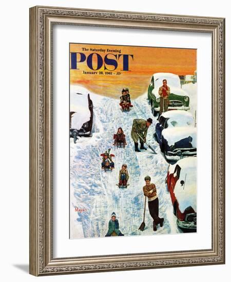 "Sledding and Digging Out," Saturday Evening Post Cover, January 28, 1961-Earl Mayan-Framed Giclee Print