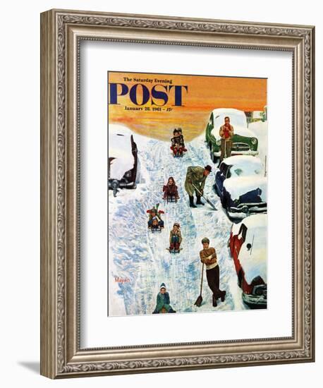 "Sledding and Digging Out," Saturday Evening Post Cover, January 28, 1961-Earl Mayan-Framed Giclee Print