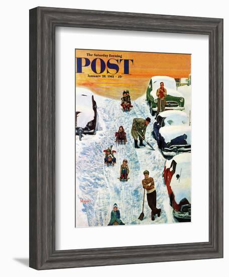 "Sledding and Digging Out," Saturday Evening Post Cover, January 28, 1961-Earl Mayan-Framed Giclee Print