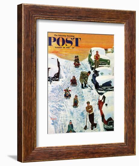 "Sledding and Digging Out," Saturday Evening Post Cover, January 28, 1961-Earl Mayan-Framed Giclee Print