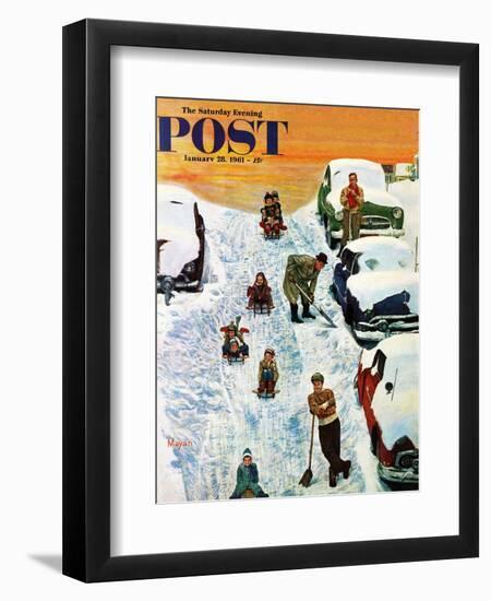 "Sledding and Digging Out," Saturday Evening Post Cover, January 28, 1961-Earl Mayan-Framed Giclee Print