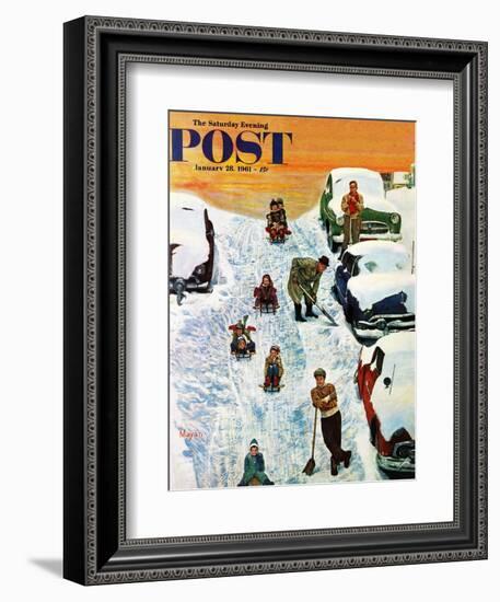 "Sledding and Digging Out," Saturday Evening Post Cover, January 28, 1961-Earl Mayan-Framed Giclee Print