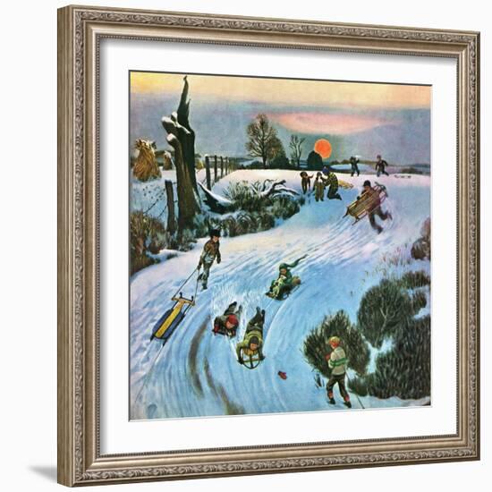 "Sledding by Sunset," December 18, 1948-John Falter-Framed Premium Giclee Print