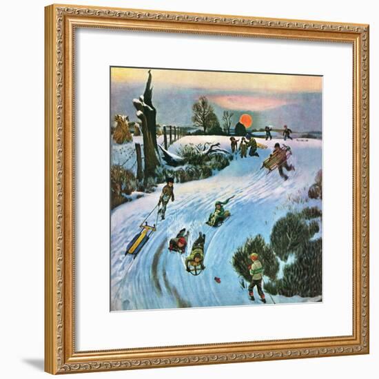 "Sledding by Sunset," December 18, 1948-John Falter-Framed Premium Giclee Print