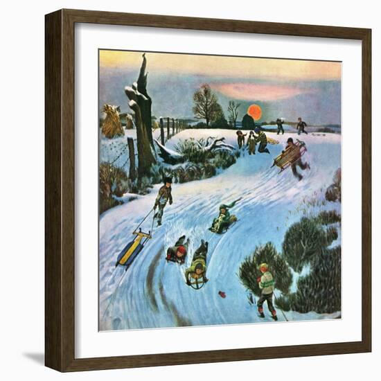 "Sledding by Sunset," December 18, 1948-John Falter-Framed Premium Giclee Print