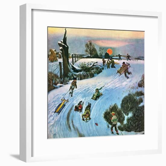 "Sledding by Sunset," December 18, 1948-John Falter-Framed Premium Giclee Print