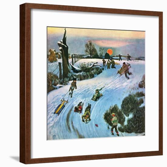 "Sledding by Sunset," December 18, 1948-John Falter-Framed Premium Giclee Print