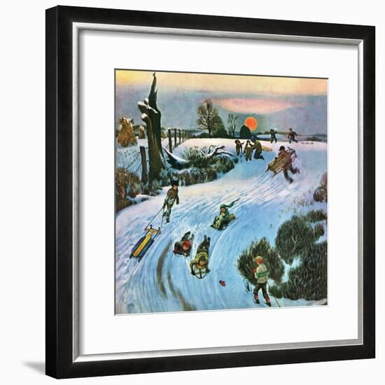 "Sledding by Sunset," December 18, 1948-John Falter-Framed Premium Giclee Print