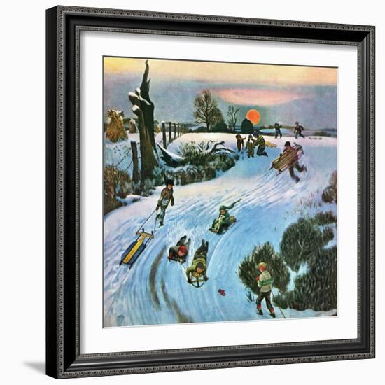 "Sledding by Sunset," December 18, 1948-John Falter-Framed Premium Giclee Print