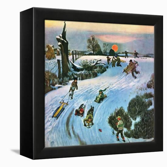 "Sledding by Sunset," December 18, 1948-John Falter-Framed Premier Image Canvas