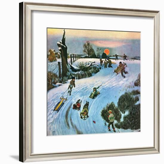 "Sledding by Sunset," December 18, 1948-John Falter-Framed Giclee Print