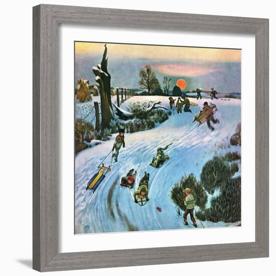 "Sledding by Sunset," December 18, 1948-John Falter-Framed Giclee Print