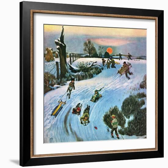 "Sledding by Sunset," December 18, 1948-John Falter-Framed Giclee Print