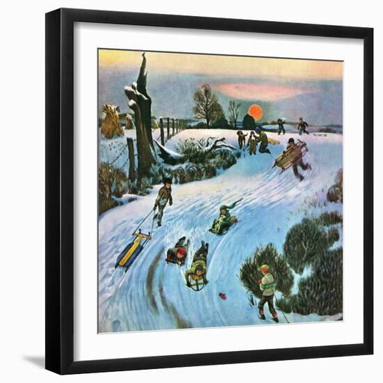 "Sledding by Sunset," December 18, 1948-John Falter-Framed Giclee Print