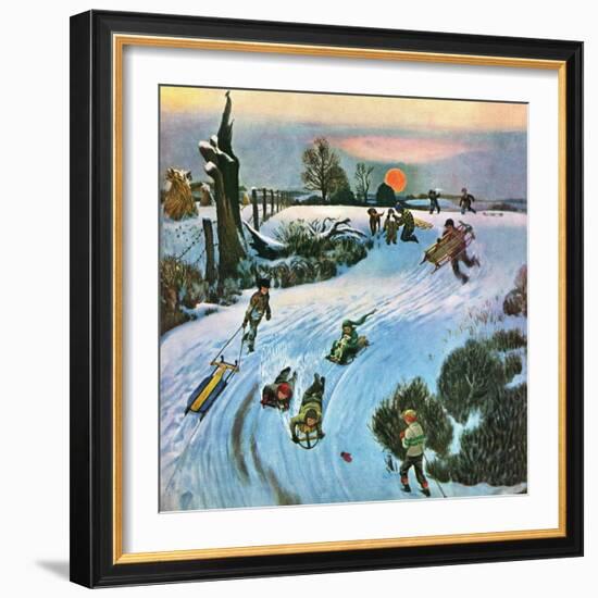 "Sledding by Sunset," December 18, 1948-John Falter-Framed Giclee Print