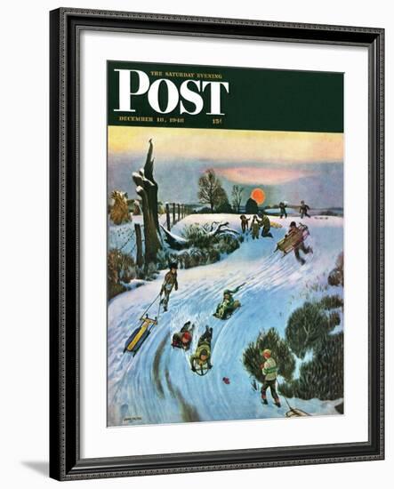 "Sledding by Sunset," Saturday Evening Post Cover, December 18, 1948-John Falter-Framed Premium Giclee Print