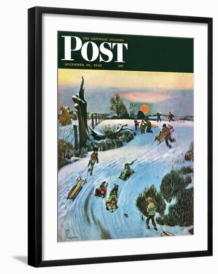 "Sledding by Sunset," Saturday Evening Post Cover, December 18, 1948-John Falter-Framed Premium Giclee Print