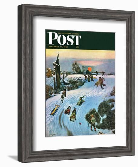 "Sledding by Sunset," Saturday Evening Post Cover, December 18, 1948-John Falter-Framed Giclee Print